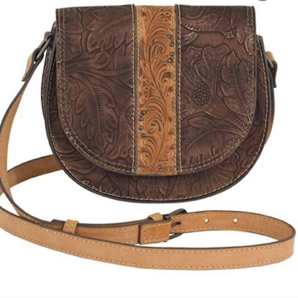 NWT Tony Lama Bronzed Floral Tooled Crossbody Saddle Bag - Brown RETIRED